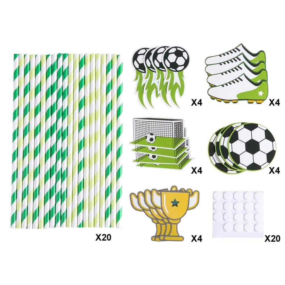 20pcs paper straws with 4 football, 4 football boots, 4 trophy, 4 football goal frame pattern and 20 dispensing