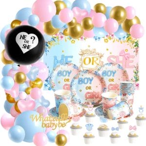 gender reveal decorations kit with balloons decorations and tableware
