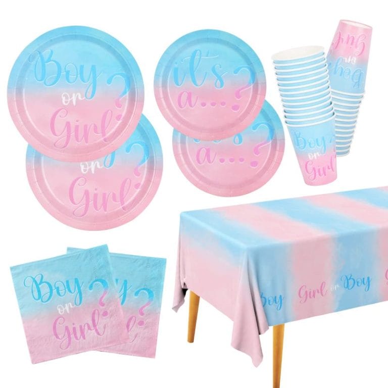 blue pink themed Gender Reveal tableware set