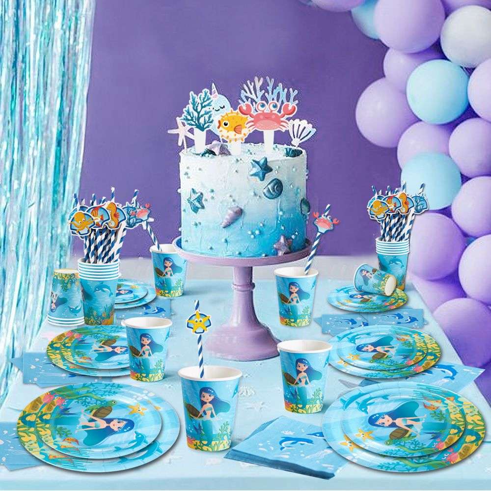 Mermaid Party Supplies Paper Tableware with balloons and cake