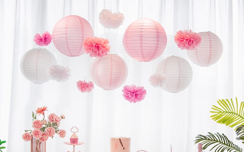 Pink Paper Lanterns and Tissue Flower Pompoms