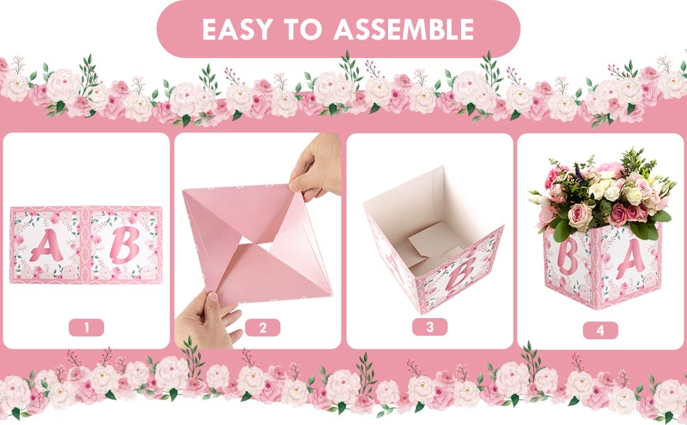 Pink Floral Baby Shower Paper Boxes are easy to assemble