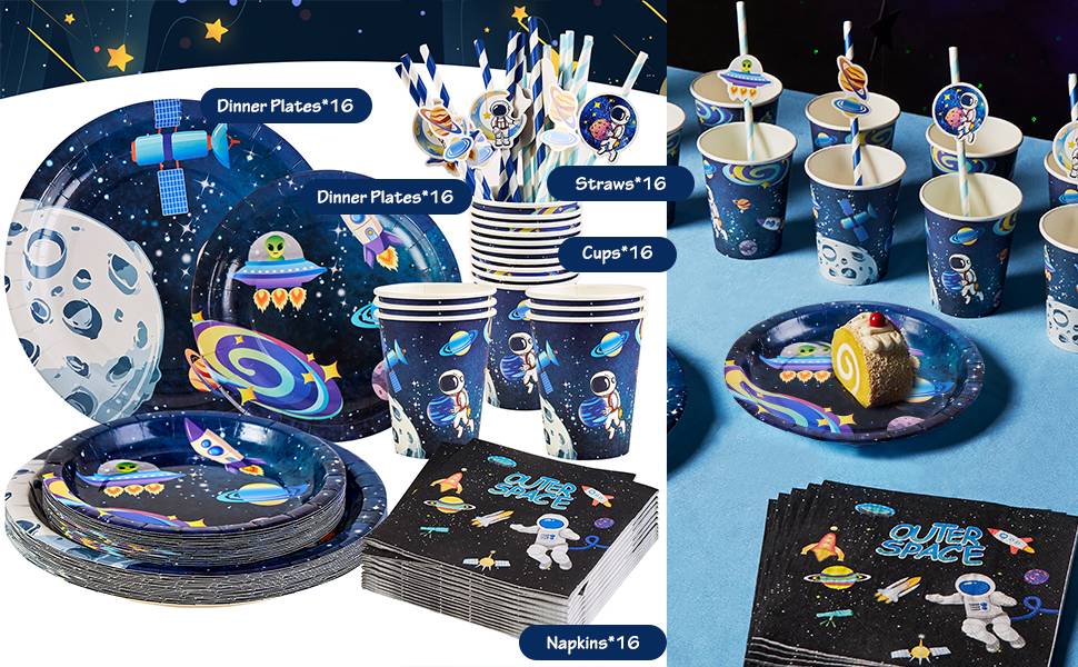 Space Party Tableware with plates, napkins, cups and straws