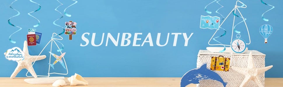 Sunbeauty logo with travel themed decorations