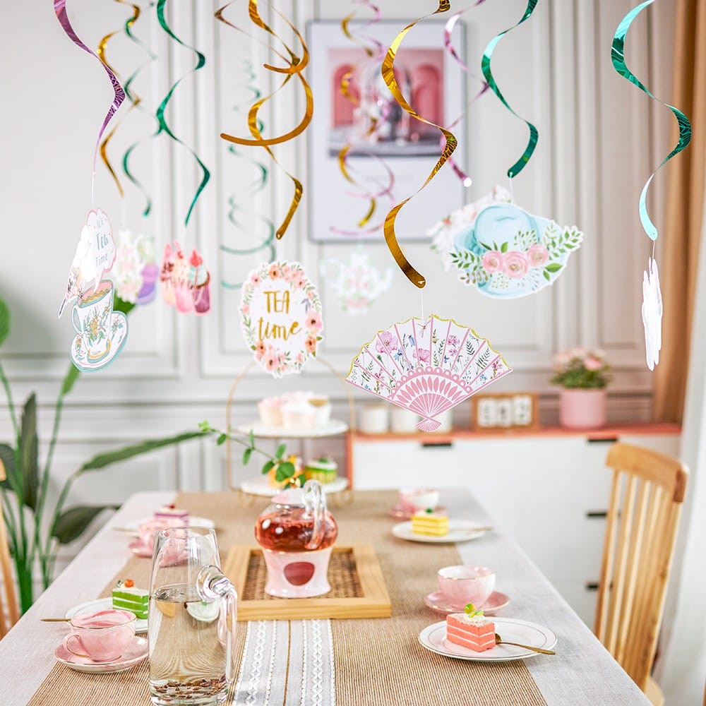Tea Party Swirls with Teapot, fan, coffee cup, cake, hat and macaron shapes