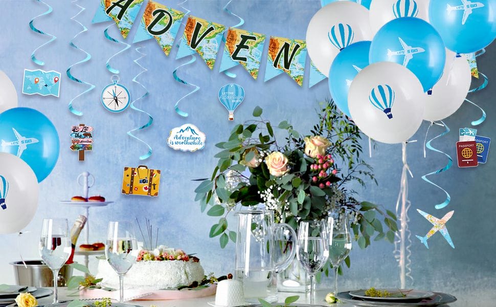 Voyage Party Decorations with balloons and banner