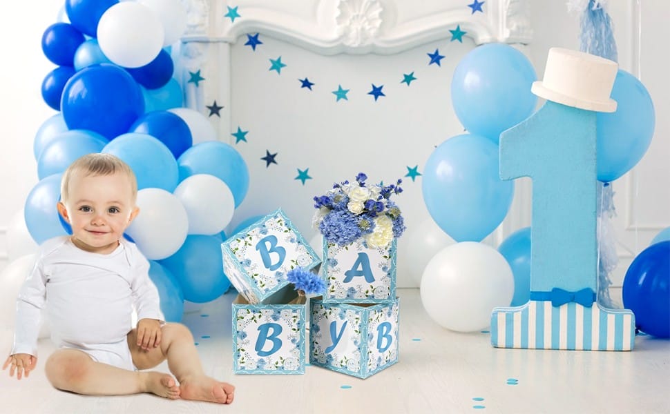 baby shower party decorations with blue flower boxes and balloons