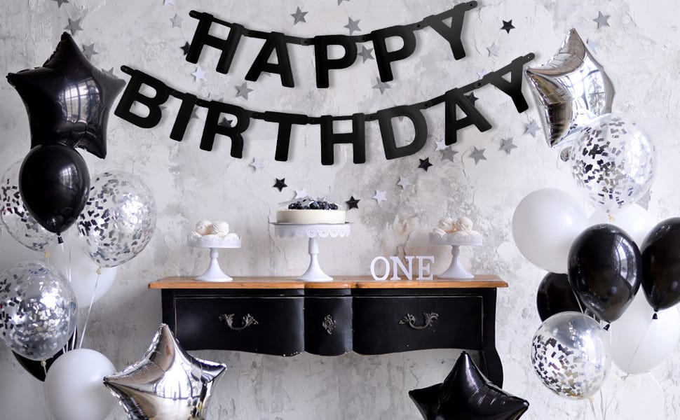 black DIY happy birthday letter banner with black and white balloon bouquets