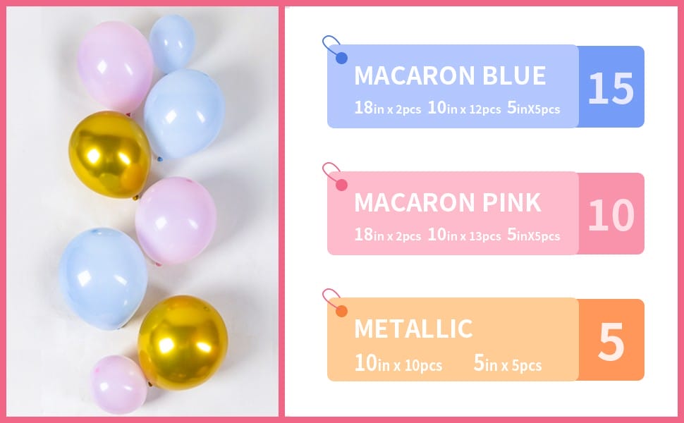 gender reveal decorations kit with blue gold and pink latex balloons