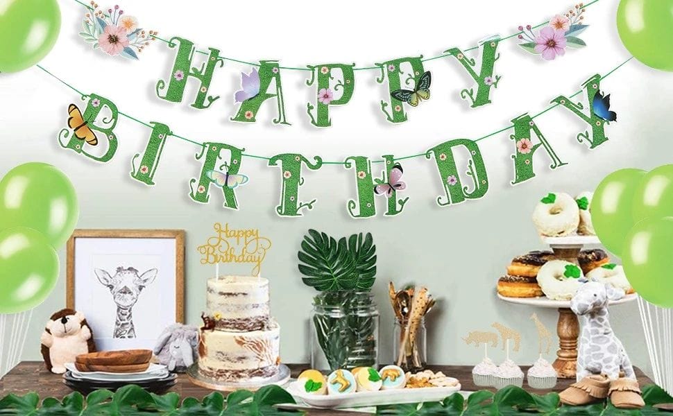 happy birthday banner with green latex balloons for party