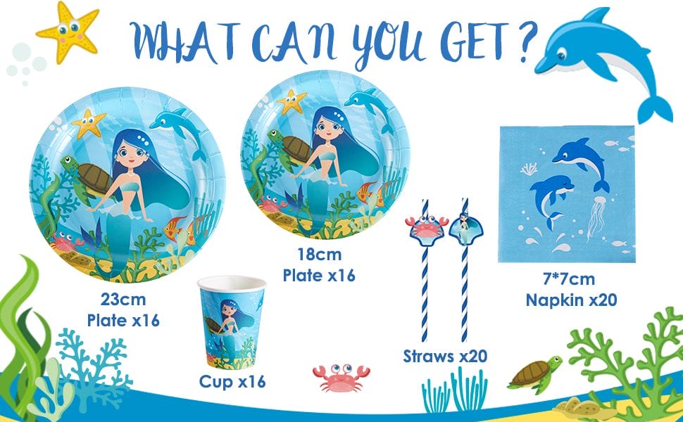 mermaid party tableware package includes plates, cups, straws, and napkins
