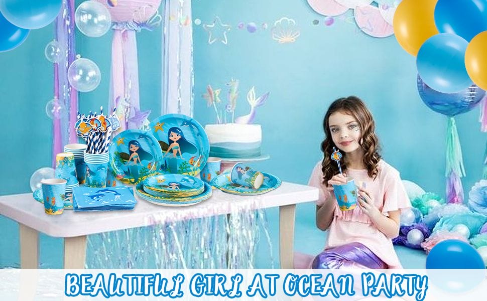 mermaid party tableware set with balloons for girls party