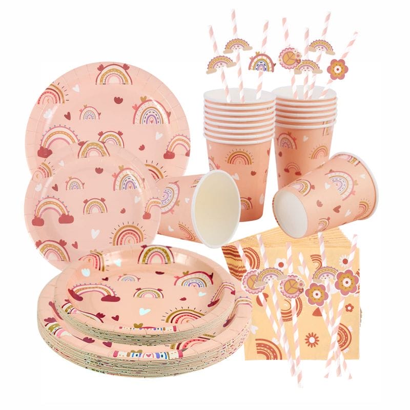 SUNBEAUTY Boho Feestservies: Regenboog Feestborden voor Verjaardag en Baby Shower Decor, Pastel en Boho Papieren Borden en Bekers