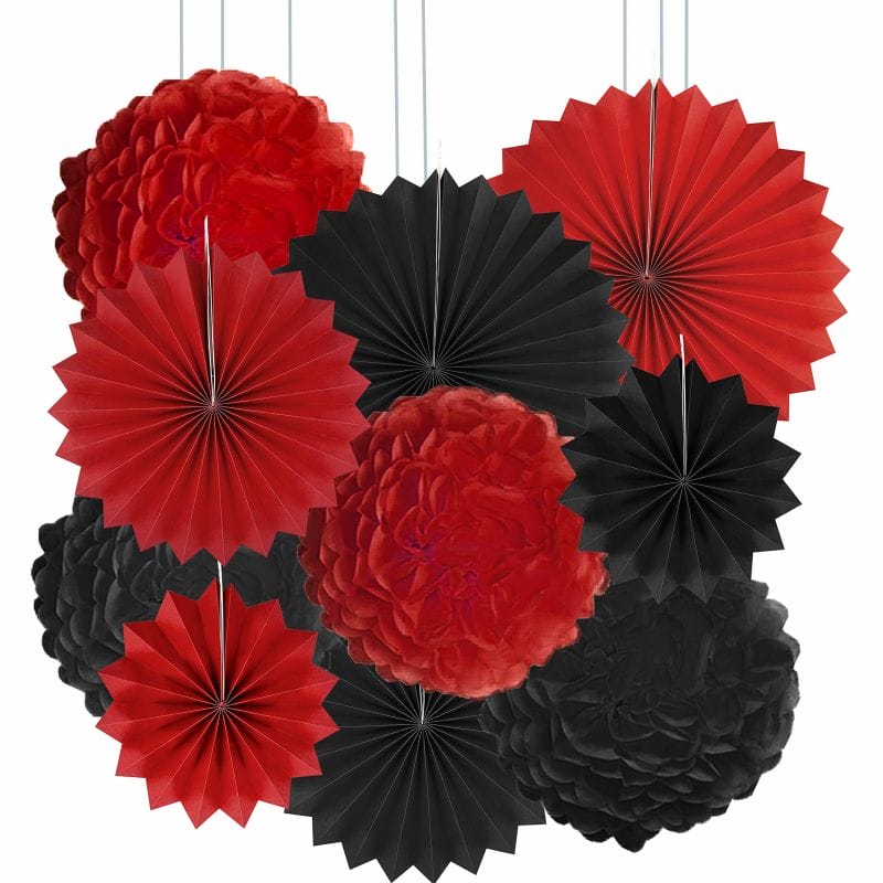 Red, Black And White Tissue Paper Pom Poms And Paper Lanterns