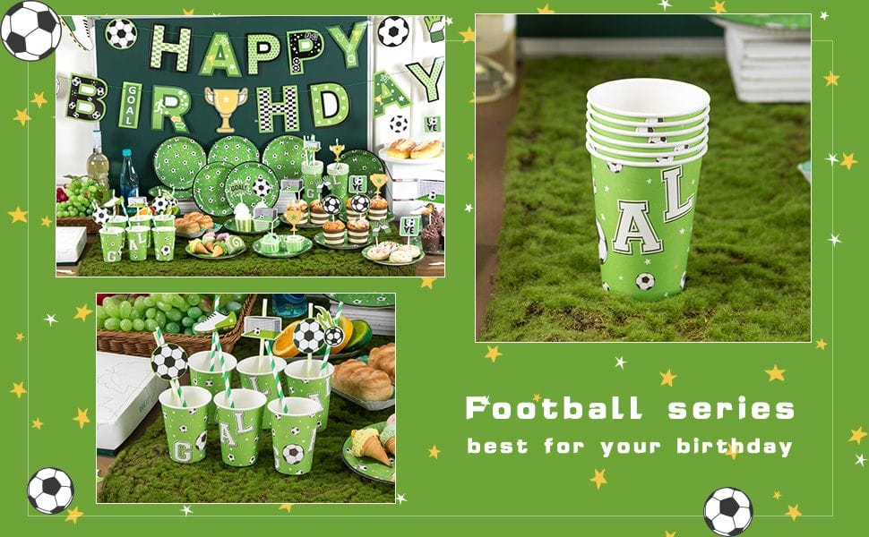 soccer themed paper cups, plates and happy birthday banner for kids party