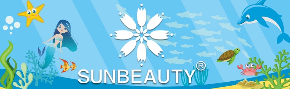 sunbeauty logo with mermaid ocean party decorations