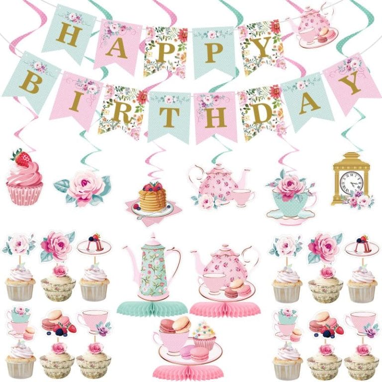 tea party banner paper swirls and cake toppers