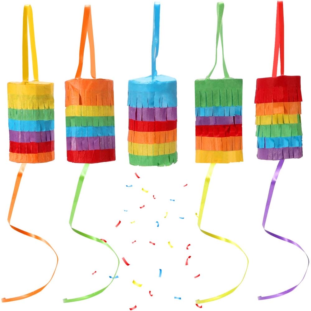 5 Pack Mini Pinatas Pull String Rainbow Cylinder Pinata Garland for