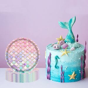 Beautiful mermaid party supplies plates set with merimaid themed cake