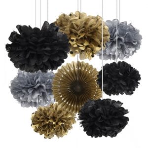Black Pack of 8 Pompoms Gold Paper Fan Decorations