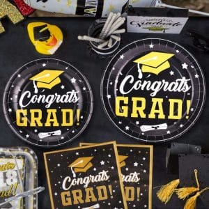 Black and Gold Graduation Party Tableware Set with Plates and Napkins