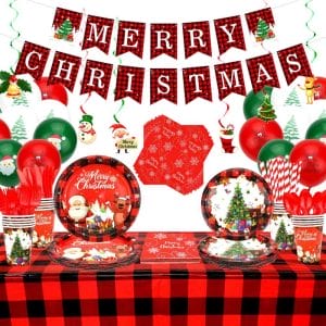 Christmas Party Supplies Tableware Set with Merry Christmas Banner