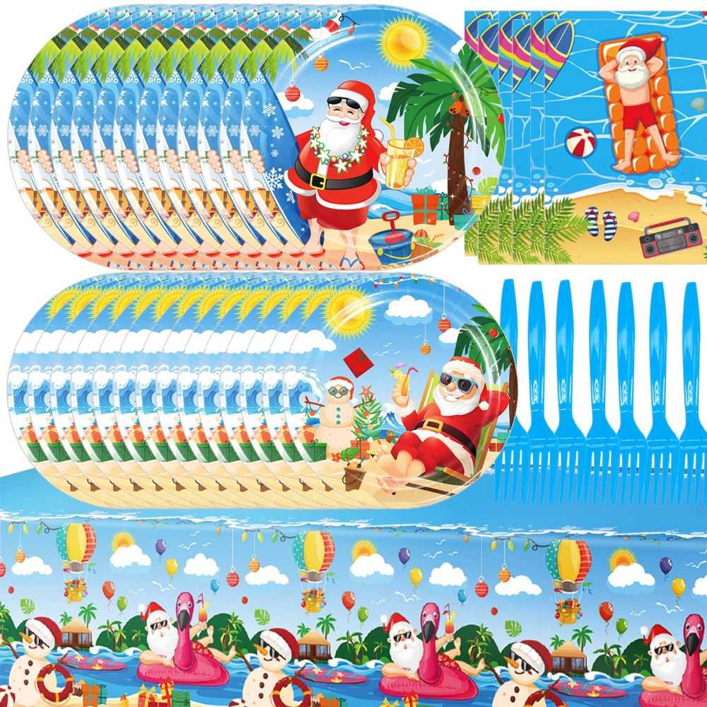 Christmas in July Paper Plates Dinnerware Set Summer Beach Hawaiian