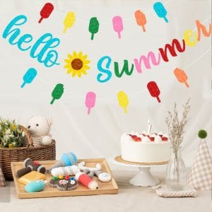 Colorful Glitter Summer Sunflower Banner with cake for parties