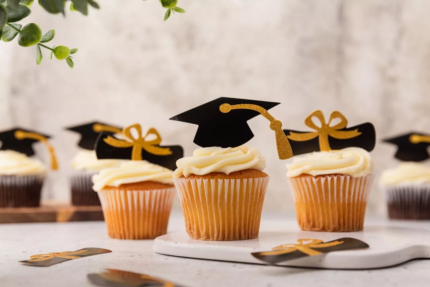 Cupcakes with white icing topped with graduation party