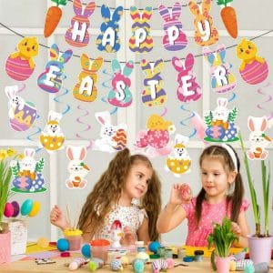 Easter Hanging Decorations Set with Banner and Swirls for Kids Party