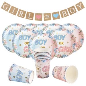 Gender Reveal Party Decorations with party tableware and banner
