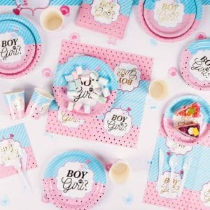 Gender Reveal Plates and Napkins, Forks and Tablecloth