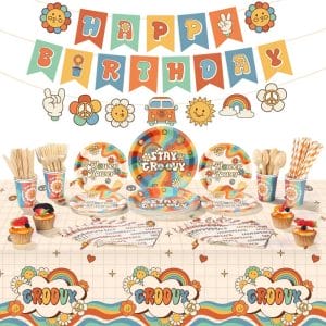 Groovy Party Supplies Include Hippie Boho Tablecloth Groovy Birthday Banner Daisy Tableware Set