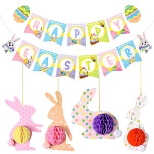 Happy Easter Decorations Set with Happy Easter Banner, Bunny Honeycomb Paper