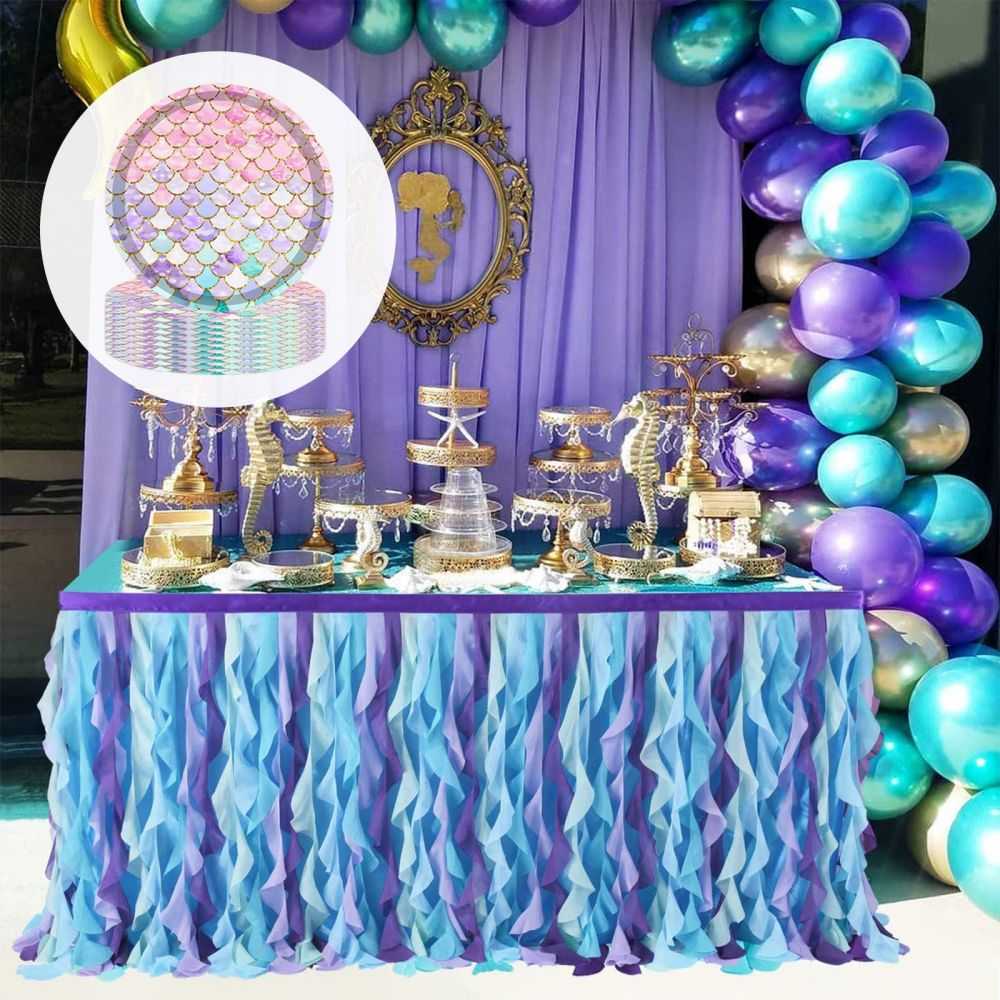 Mermaid themed party paper plates with balloons and table skirt