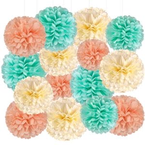 Mint Green, Yellow, Pink paper pom poms decorations