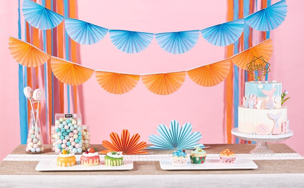 Orange and Blue Flip Paper Fan Decorations and flower paper fans