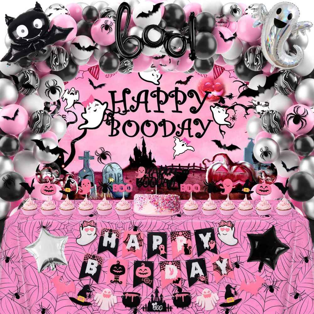 Halloween Birthday Party Decorations Pink and Black Happy Boo Day