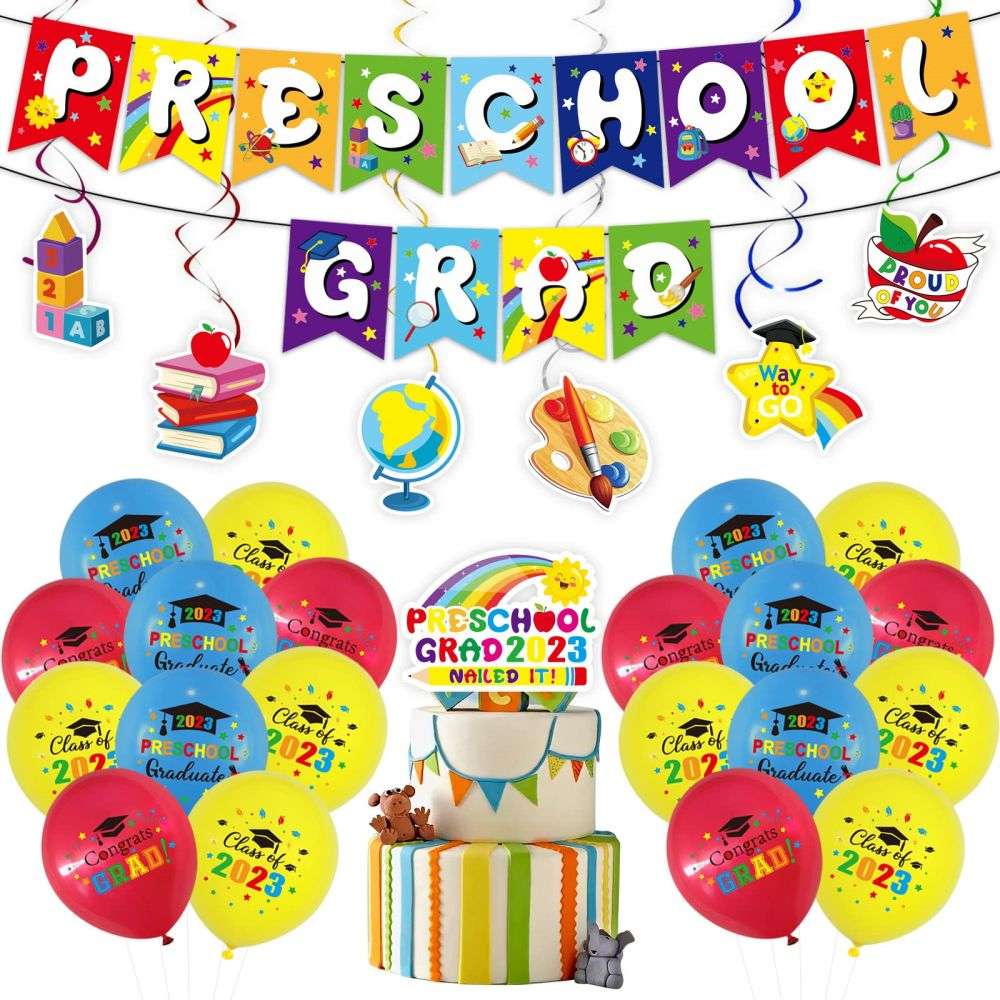 Preschool Graduation Decorations Kit with Grad Banner, Grad Cake Topper