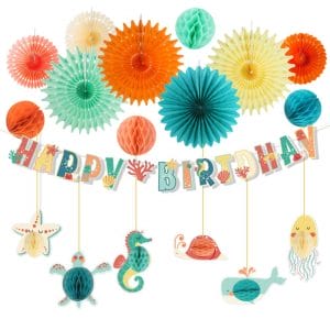 Under the Sea Party Decorations with happy birthday banner and honeycomb decorations paper fans