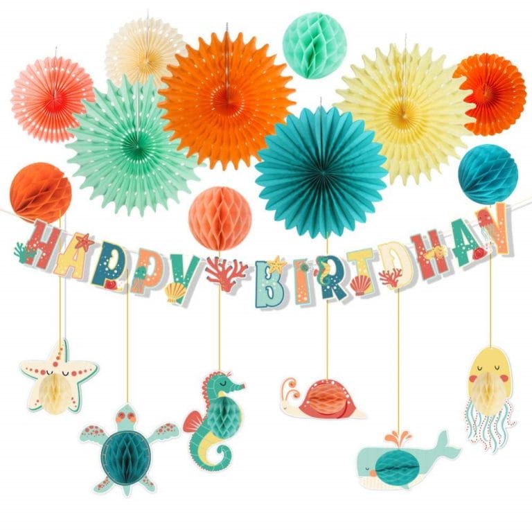 Under the Sea Party Decorations with happy birthday banner and honeycomb decorations paper fans