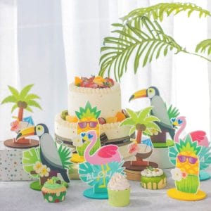 coconut trees,sunglass flamingo table centerpiece, toucan table centerpiece, pineapple table centerpiece