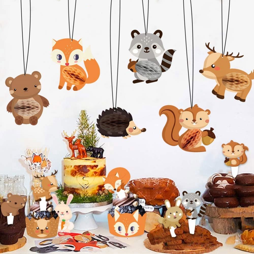 forest animal decorations with honeycomb decorations and cakr toppers, cake wrappers for party