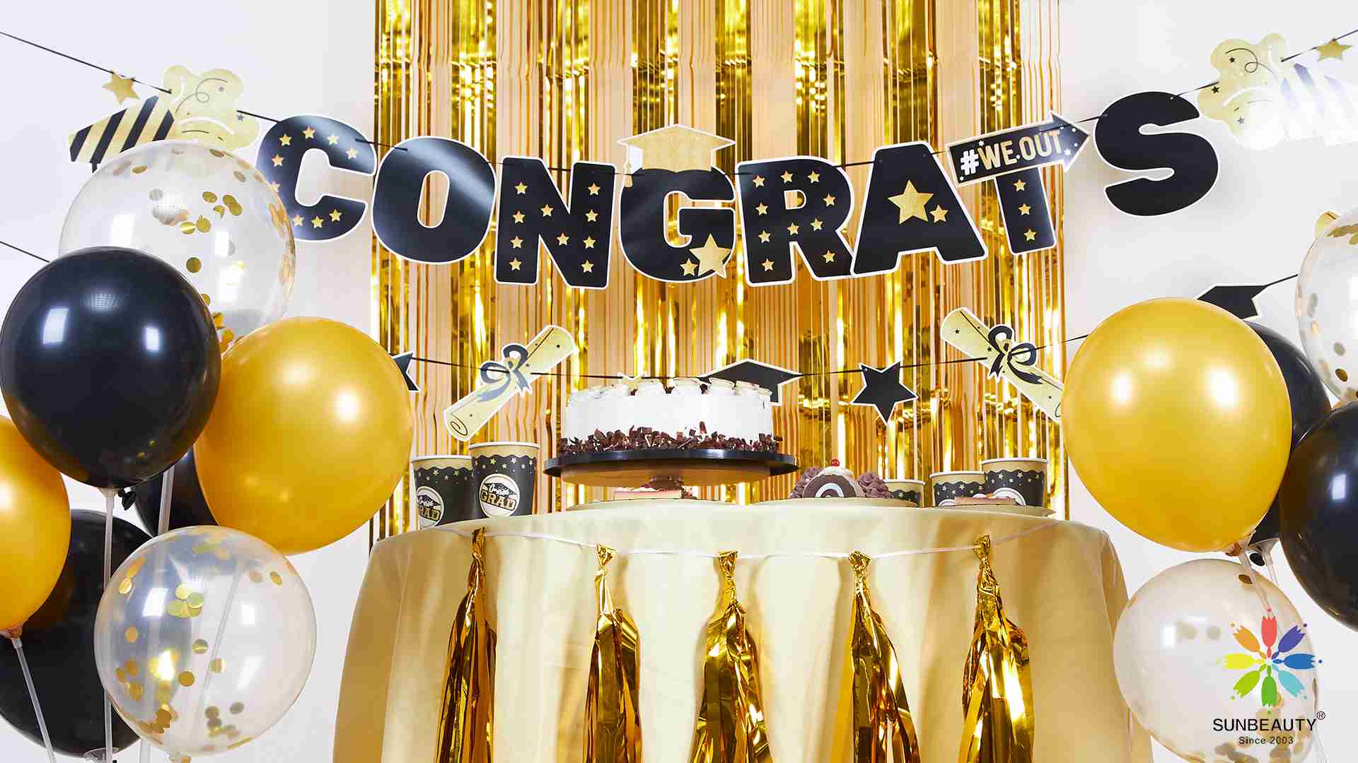 graduation party decorations with graduats banner, tableware set, black and gold balloons