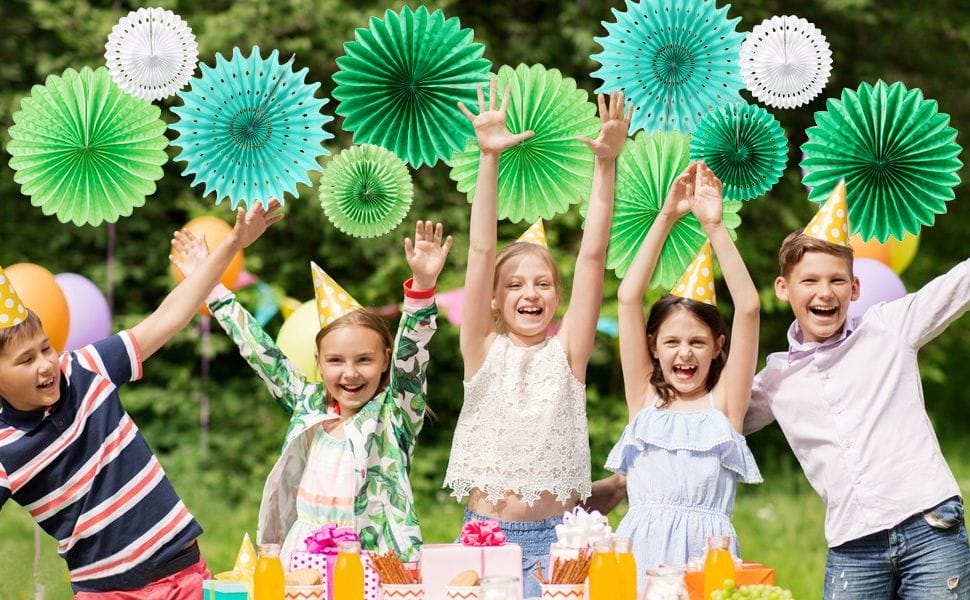 green decorative paper fans for kids birthday party outdoor