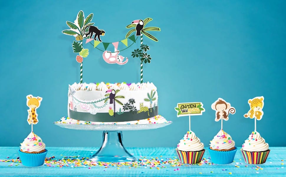 jungle themed cake toppers with lion, money, toucan