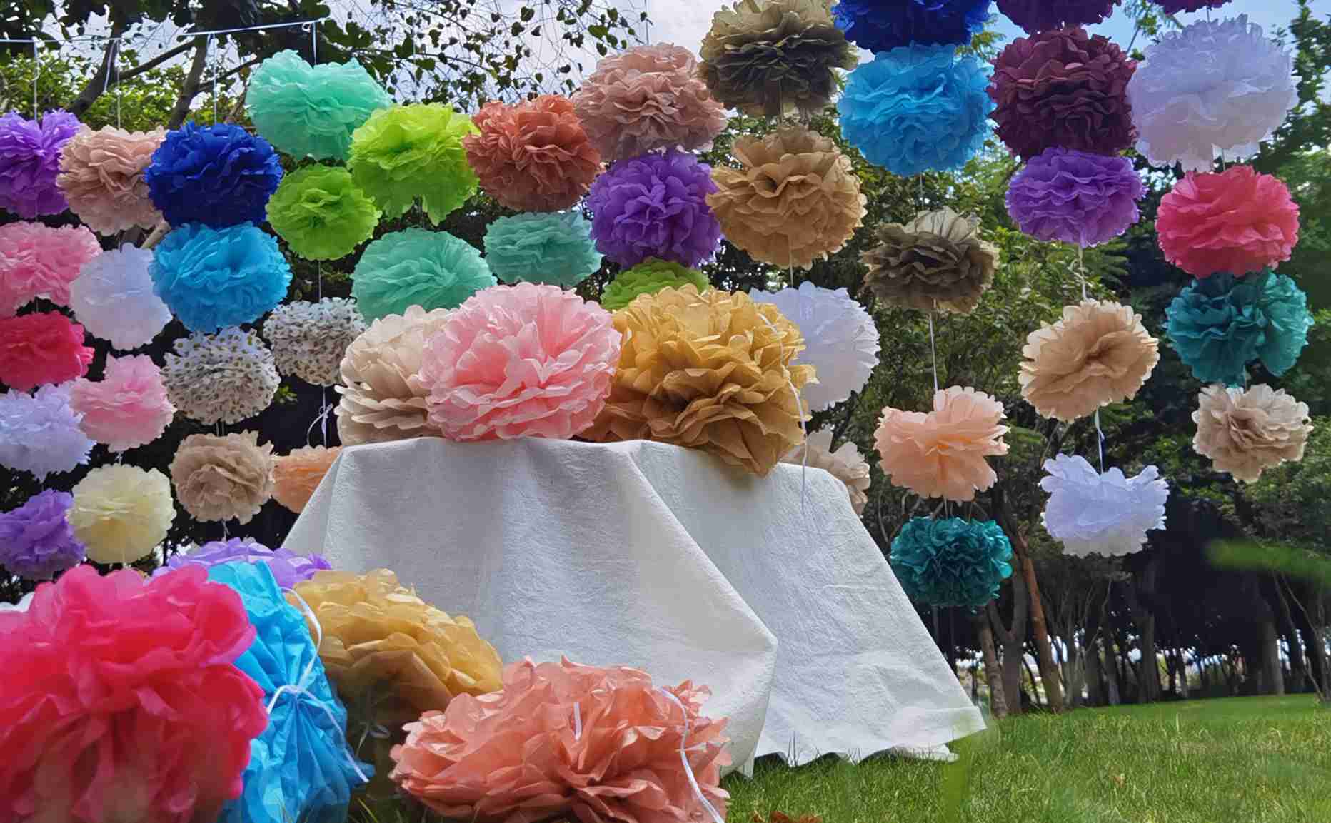 pompom paper flowers are more colourful in the sun
