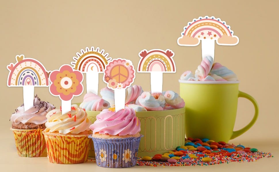 rainbow themed table decorations boho rainbow cupcake toppers