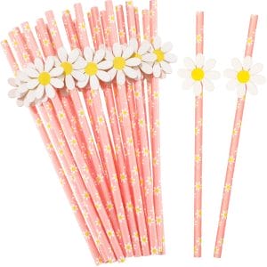 100 Pcs Daisy Paper Straws Party Decorations Disposable Two Groovy Flower Floral Pink