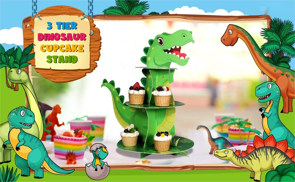 3 tier dinosaur cupcake stand with cupcakes for party